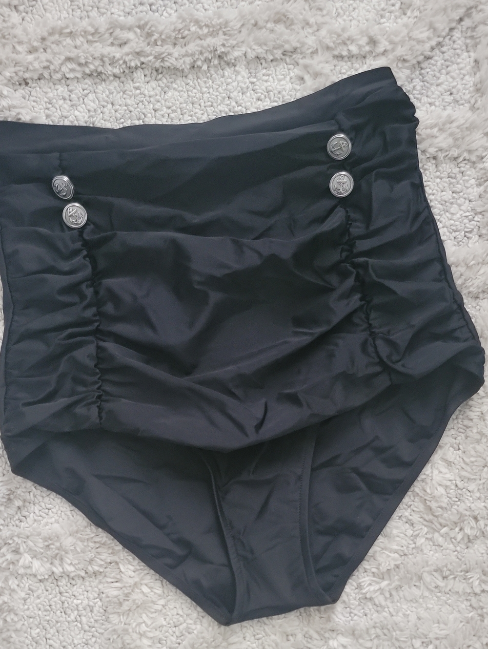 NWOT Women's COCOSHIP Black High-Waist Ruched Bikini Bottom with Button Detail